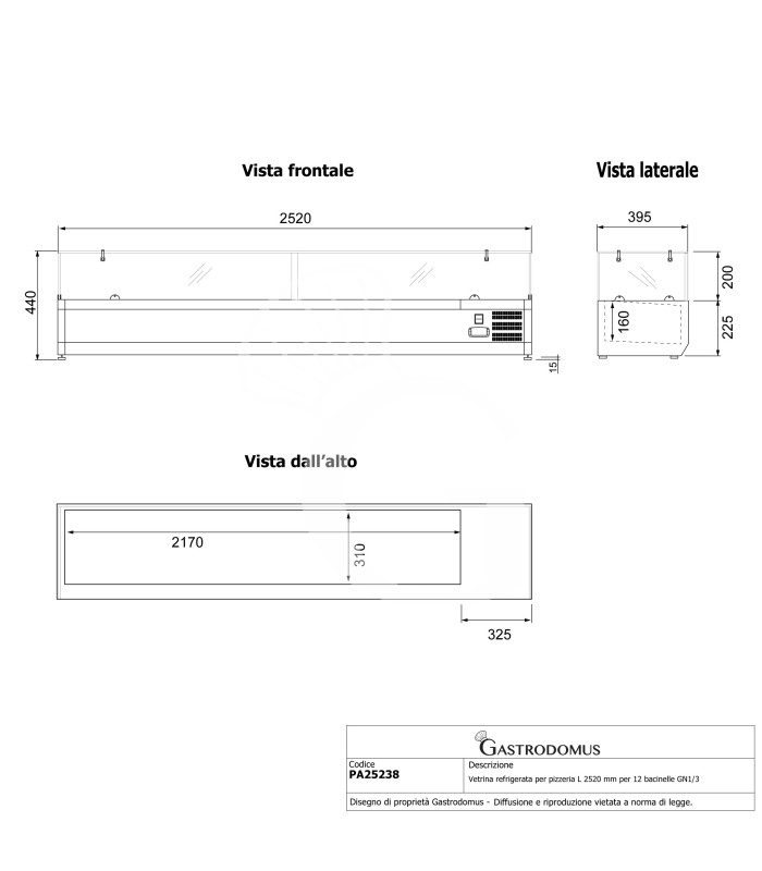 Vetrina refrigerata per pizzeria L 2520 mm per 12 bacinelle GN1/3