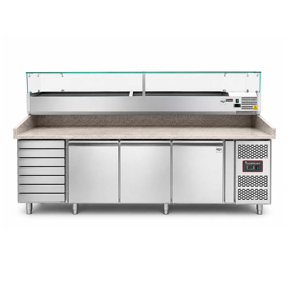 Banco pizza refrigerato piano in granito 3 porte 7 cassetti e vetrina 12 bacinelle GN1/3