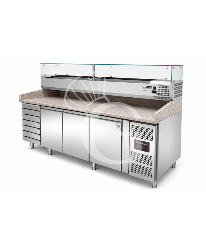 Banco pizza refrigerato piano in granito 3 porte 7 cassetti e vetrina 12 bacinelle GN1/3