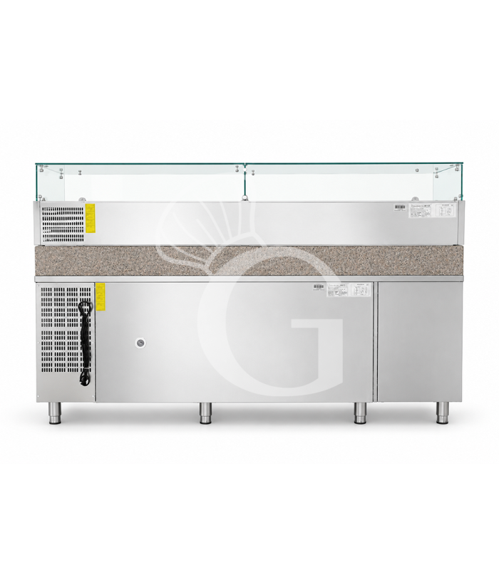 Banco pizza refrigerato piano in granito 3 porte 7 cassetti e vetrina 12 bacinelle GN1/3