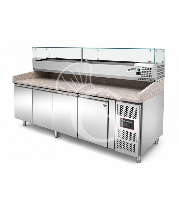 Banco Pizza refrigerato piano in granito 4 porte e vetrina 12 bacinelle GN1/3