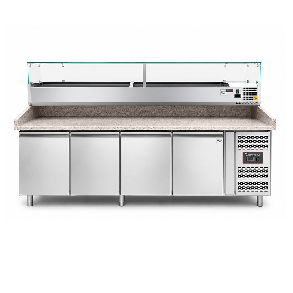 Banco Pizza refrigerato piano in granito 4 porte e vetrina 12 bacinelle GN1/3