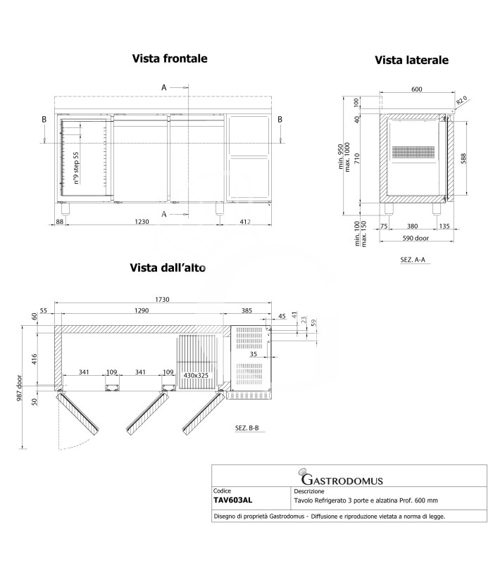 Tavolo Refrigerato 3 porte alzatina Prof. 600 0°C/+10°C classe energetica A