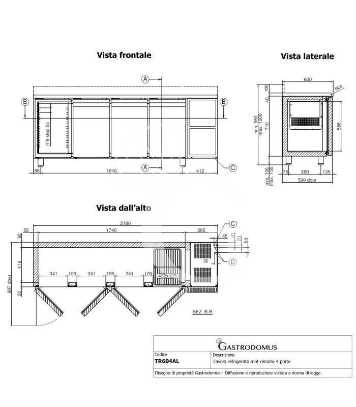 Tavolo Refrigerato 4 porte alzatina Prof. 600 mm 0°C/+10°C classe energetica A