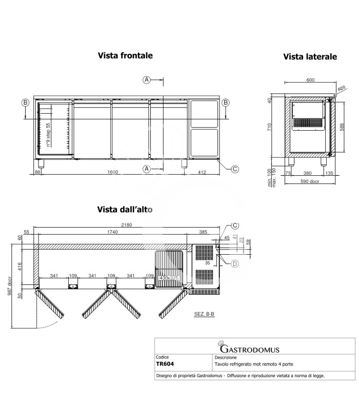 Tavolo Refrigerato 4 porte Prof. 600 mm 0°C/+10°C classe energetica A