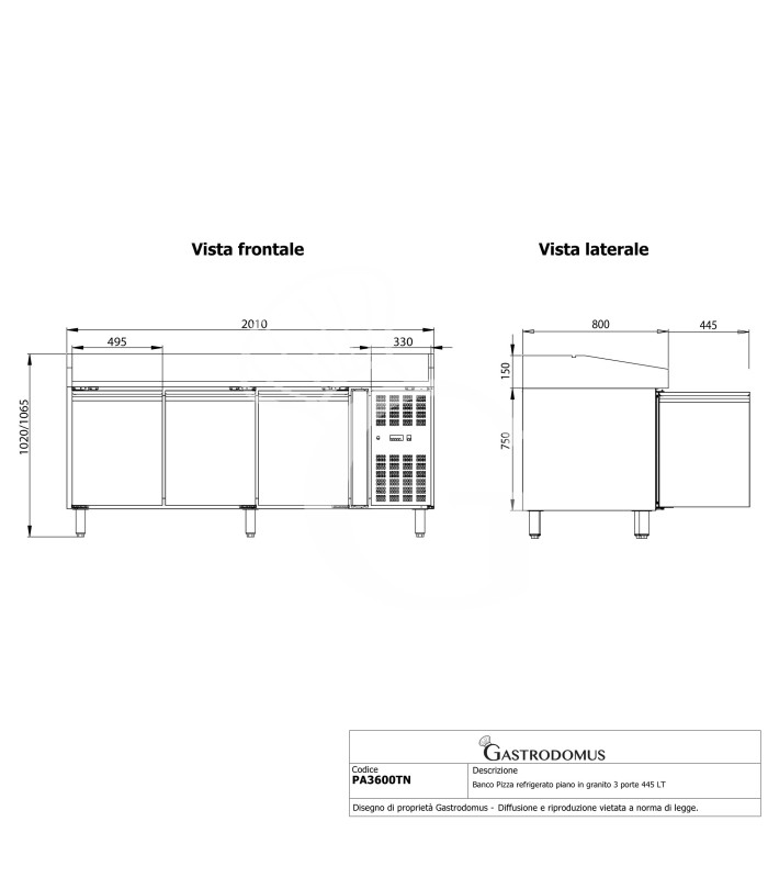Banco Pizza refrigerato piano in granito 3 porte 445 LT