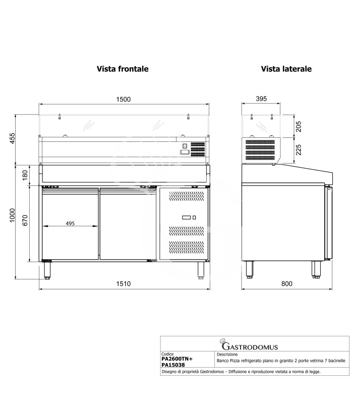 Banco Pizza refrigerato piano in granito 2 porte vetrina 5 bacinelle GN1/3 + 1 bacinella GN1/2 390 LT