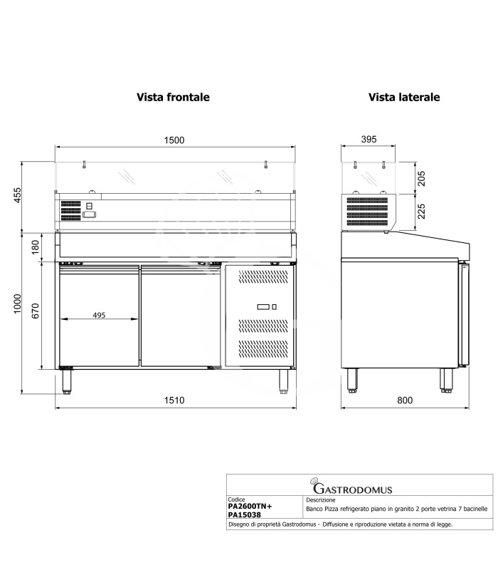 Banco Pizza refrigerato piano in granito 2 porte vetrina 5 bacinelle GN1/3 + 1 bacinella GN1/2 motore a sinistra 390 LT