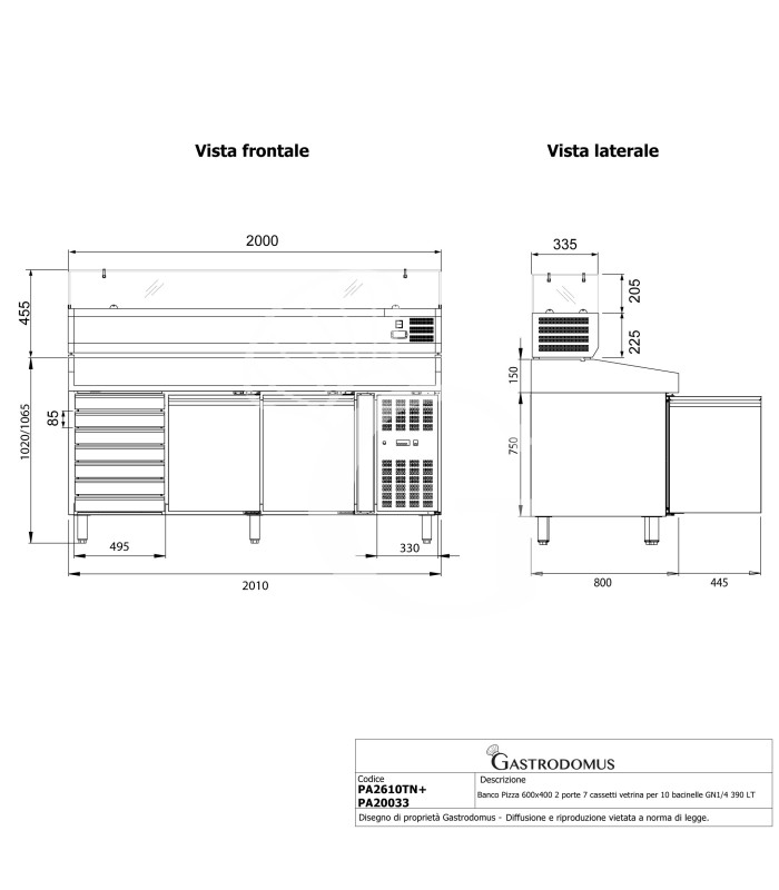 Banco Pizza 600x400 2 porte 7 cassetti vetrina per 10 bacinelle GN1/4 390 LT