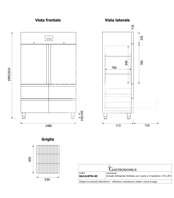 Armadio Refrigerato Ventilato con 2 porte e 4 Cassettoni -2°C/+8°C - 1333 LT classe energetica E
