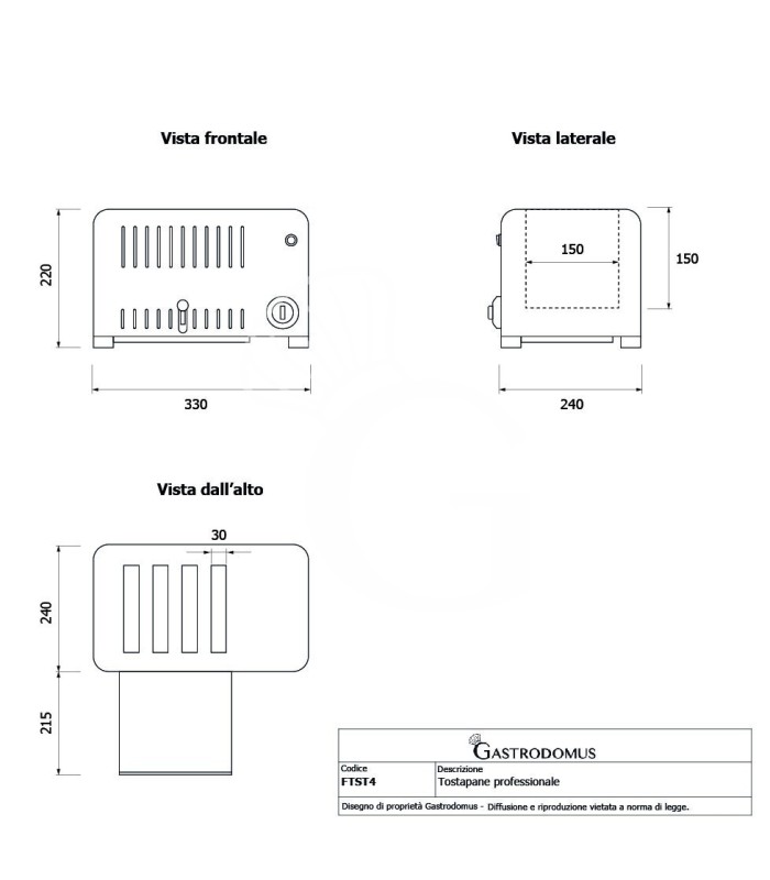 Tostapane professionale monofase L 330 mm x P 240 mm x H 220 mm capacità 4 fette cassetto raccogli briciole