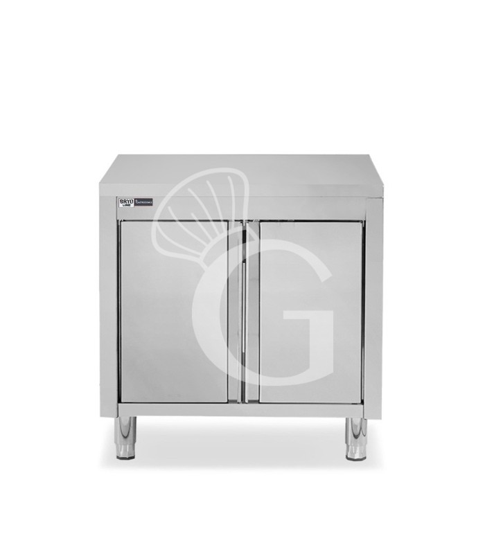 Tavolo armadiato  realizzato in acciaio inox, 2 porte battenti , dimensioni L 700 x P 700 x H 850 mm