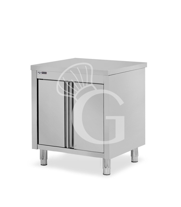 Tavolo armadiato  realizzato in acciaio inox, 2 porte battenti , dimensioni L 700 x P 700 x H 850 mm