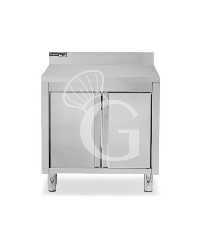 Tavolo inox armadiato con 2 porte battenti, alzatina, L 800 mm x P 700 mm x H 965 mm