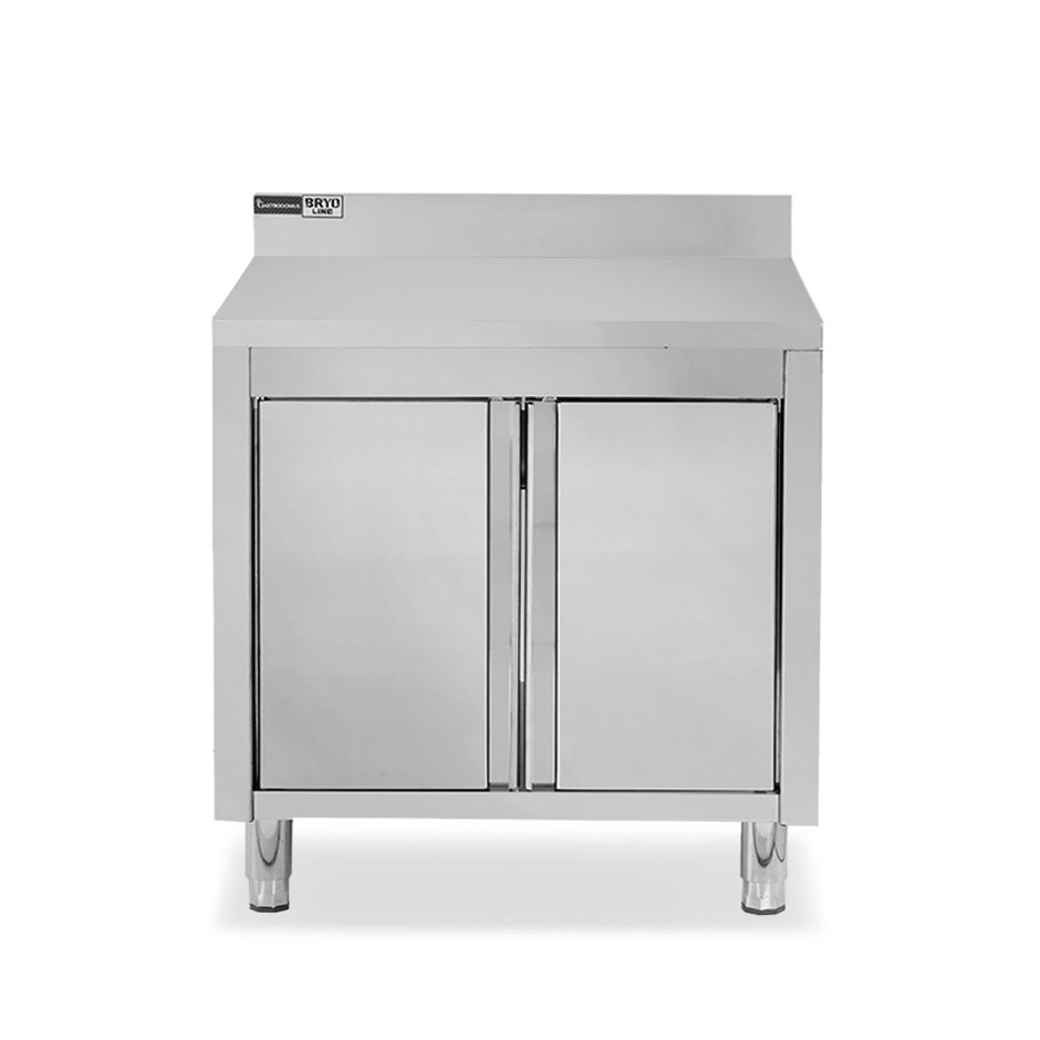 Tavolo inox armadiato con 2 porte battenti, alzatina, L 800 mm x P 700 mm x H 965 mm