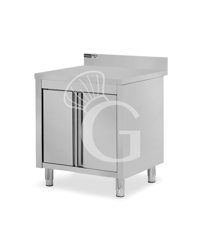 Tavolo inox armadiato con 2 porte battenti, alzatina, L 800 mm x P 700 mm x H 965 mm