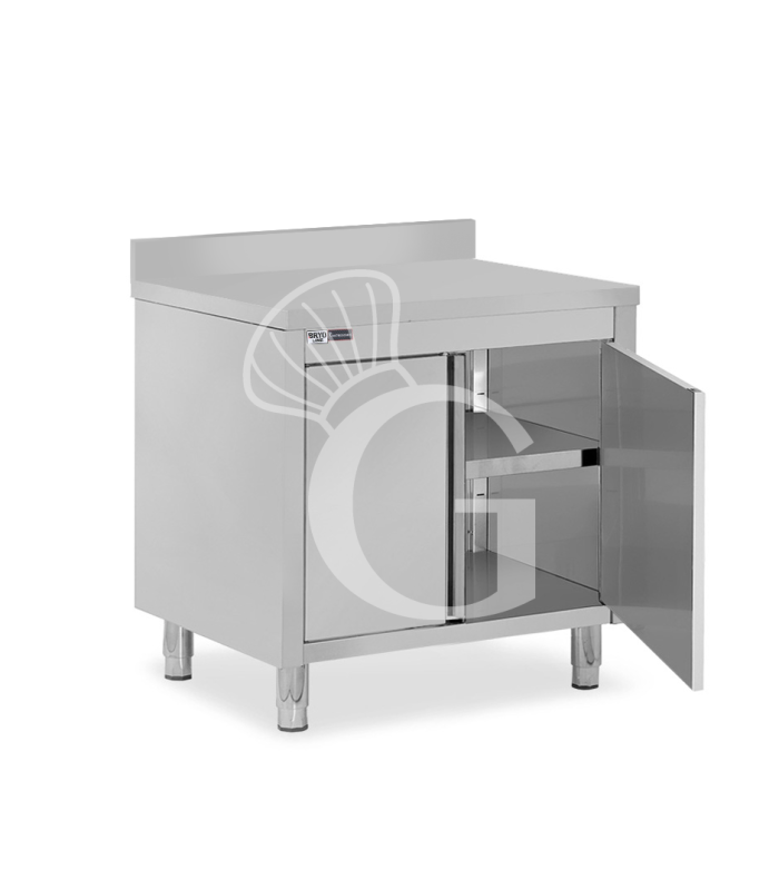 Tavolo inox armadiato con 2 porte battenti, alzatina, L 800 mm x P 700 mm x H 965 mm