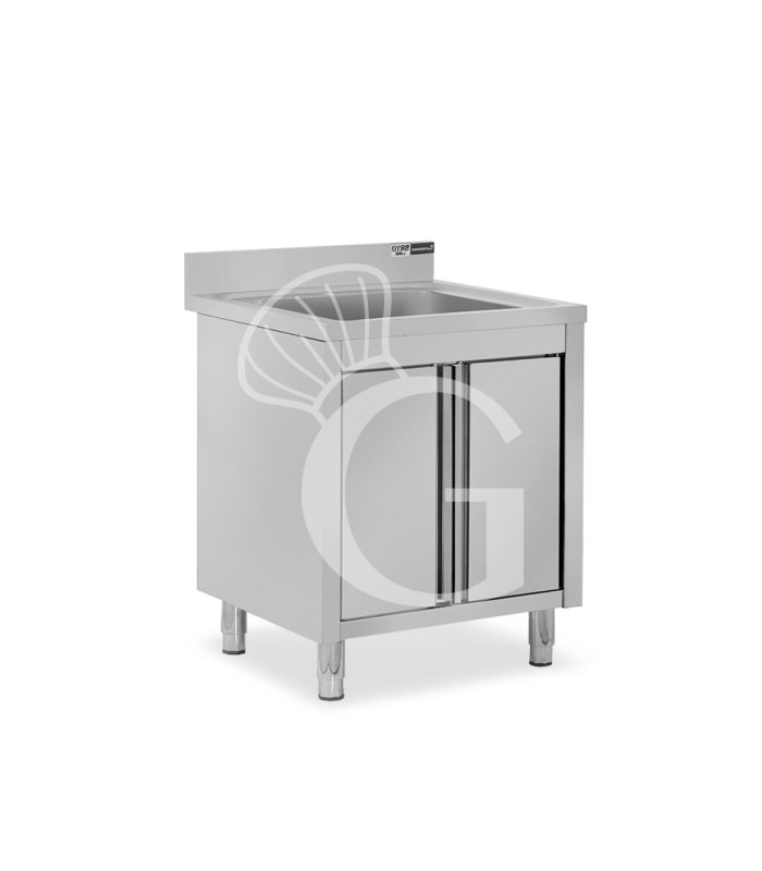 Lavello inox armadiato 2 porte battenti, 1 vasca, alzatina, L 800 mm x P 700 mm x H 965 mm - con foro rubinetto Ø 32 mm