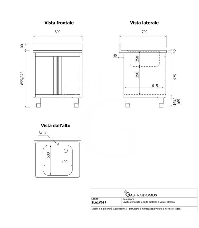 Lavello inox armadiato 2 porte battenti, 1 vasca, alzatina, L 800 mm x P 700 mm x H 965 mm - con foro rubinetto Ø 32 mm
