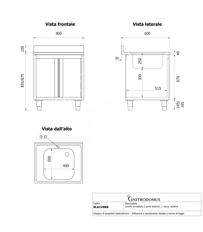 Lavello armadiato 2 porte battenti, 1 vasca, alzatina, L 800 mm x P 600 mm x H 965 mm - con foro rubinetto Ø 32 mm