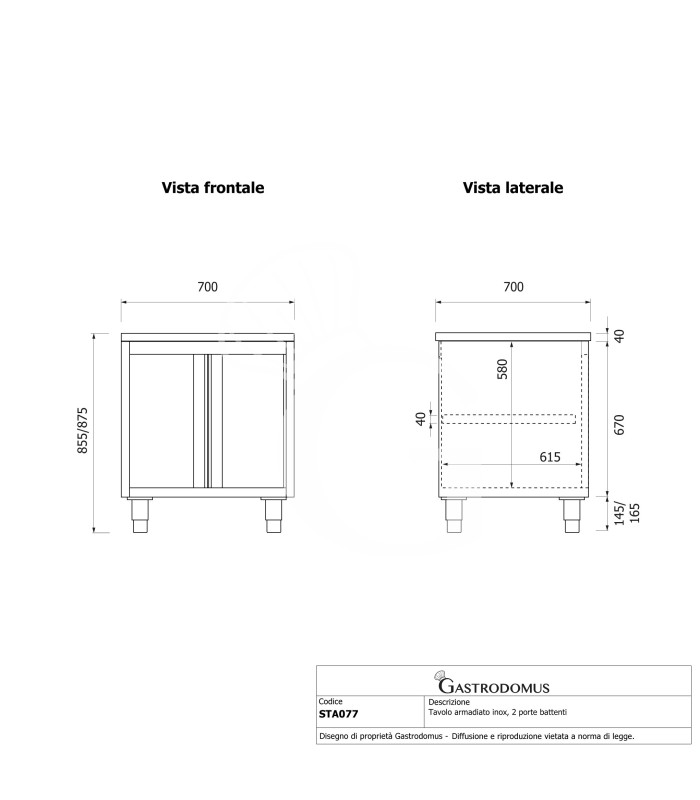 Tavolo armadiato  realizzato in acciaio inox, 2 porte battenti , dimensioni L 700 x P 700 x H 850 mm