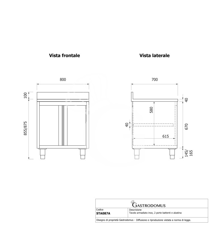 Tavolo inox armadiato con 2 porte battenti, alzatina, L 800 mm x P 700 mm x H 965 mm