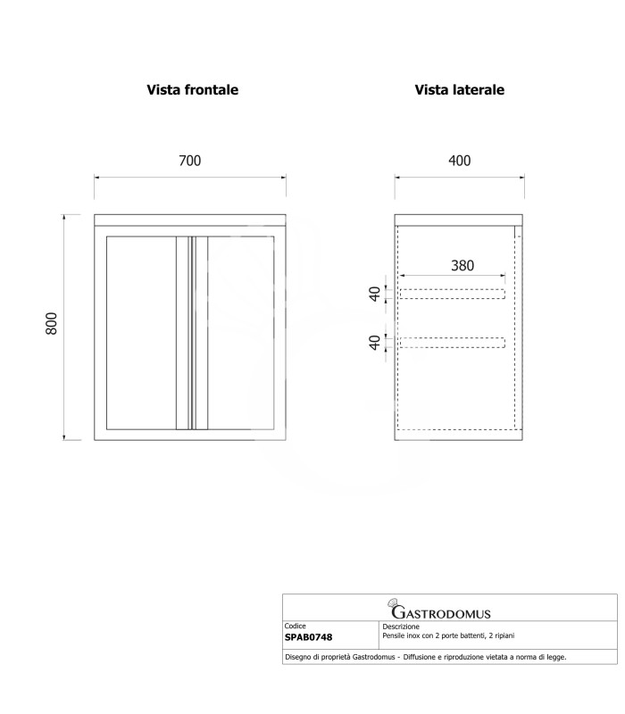 Pensile inox con 2 porte battenti, 2 ripiani, L 700 x P 400 x H 800 mm