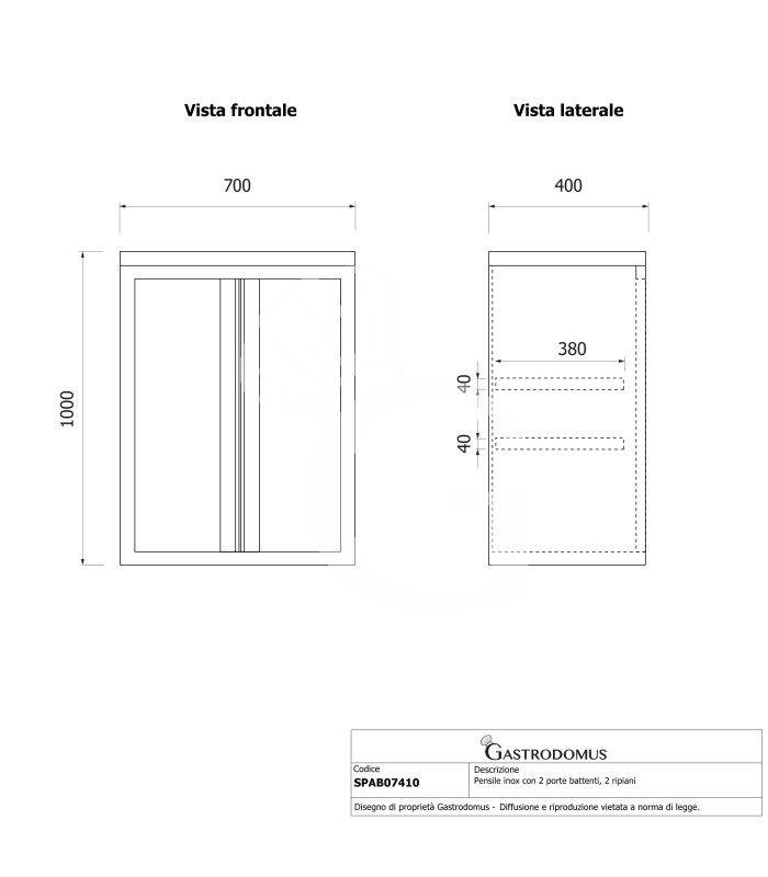 Pensile inox con 2 porte battenti, 2 ripiani, L 700 x P 400 x H 1000 mm
