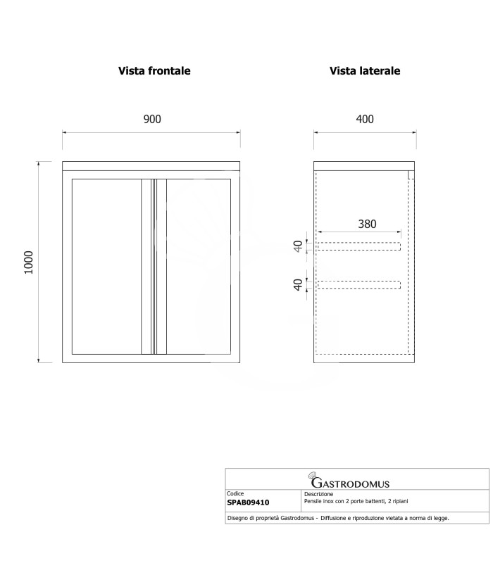 Pensile inox con 2 porte battenti, 2 ripiani, L 900 x P 400 x H 1000 mm