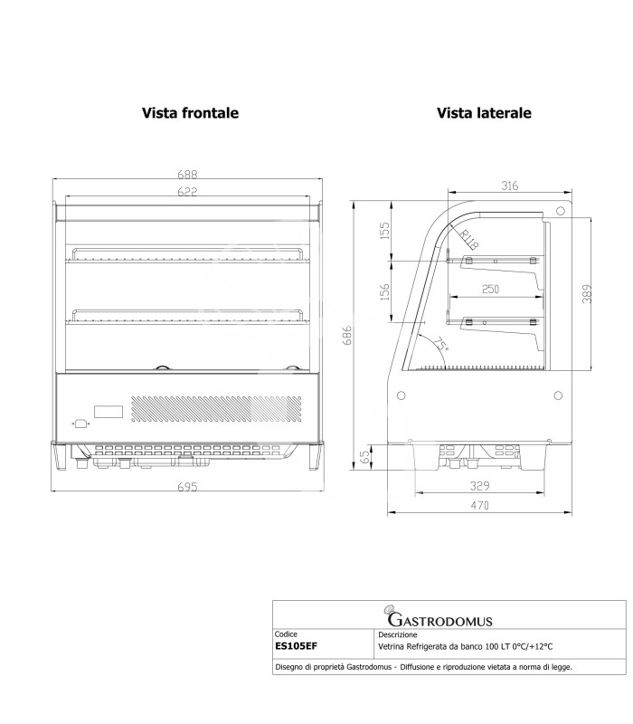 Vetrina Refrigerata da banco 100 LT 0°C/+12°C L 695 mm x P 470 mm x H 685 mm