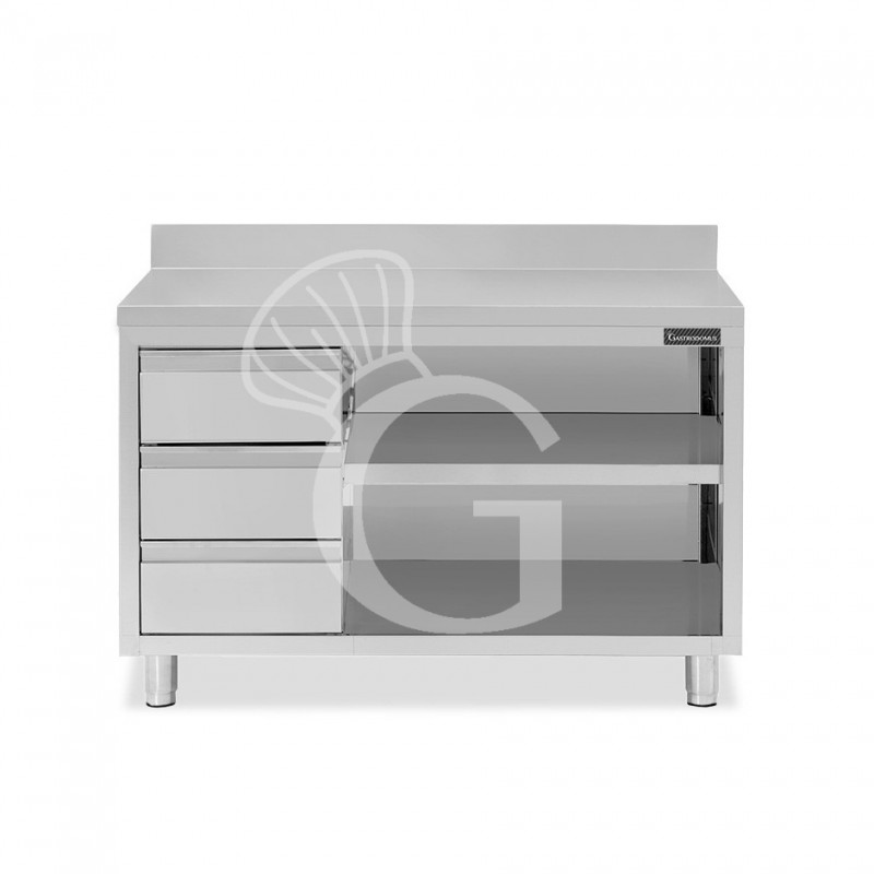Tavolo a giorno in acciaio inox,3 cassetti a sinistra, alzatina, L 1600 mm x P600 mm x H 950 mm