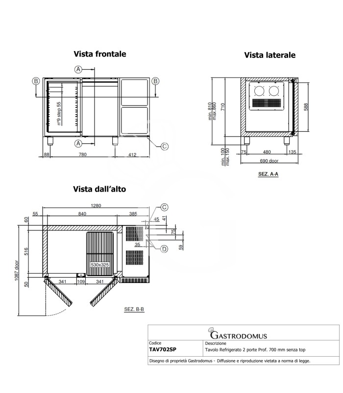 Tavolo Refrigerato 2 porte Prof. 700 mm 0°C/+10°C senza top Classe energetica A