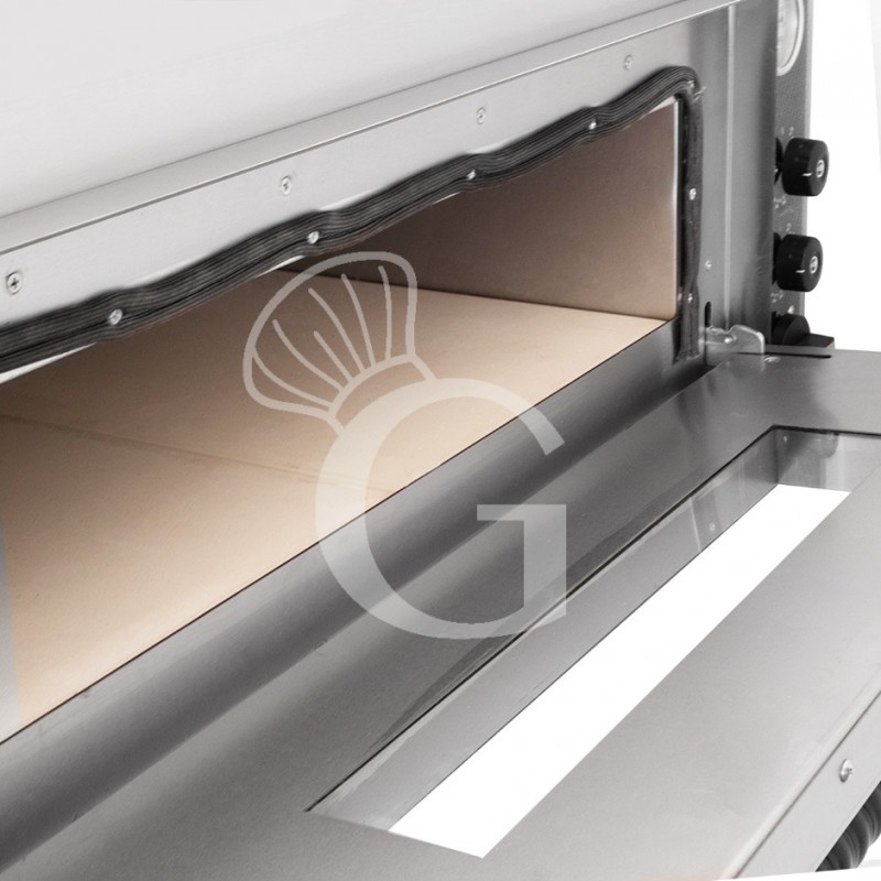 Forno pizza elettrico meccanico 4 + 4 pizze Ø 320 mm - 9,4 KW, cappa a condensazione nera e cella di lievitazione nera