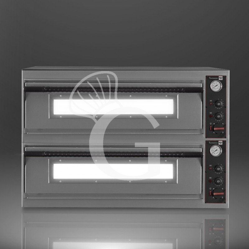 Forno pizza elettrico meccanico 6 + 6 pizze Ø 350 mm - 18 KW, cappa nera e supporto