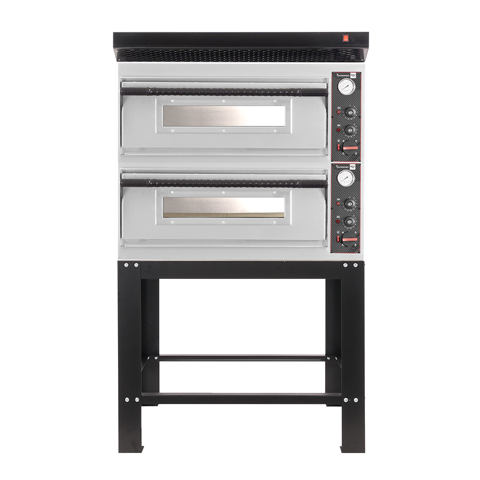 Forno pizza elettrico meccanico 4 + 4 pizze Ø 320 mm - 9,4 KW, cappa nera e supporto