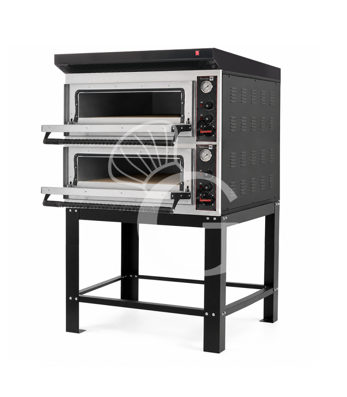 Forno pizza elettrico meccanico 4 + 4 pizze Ø 320 mm - 9,4 KW, cappa nera e supporto