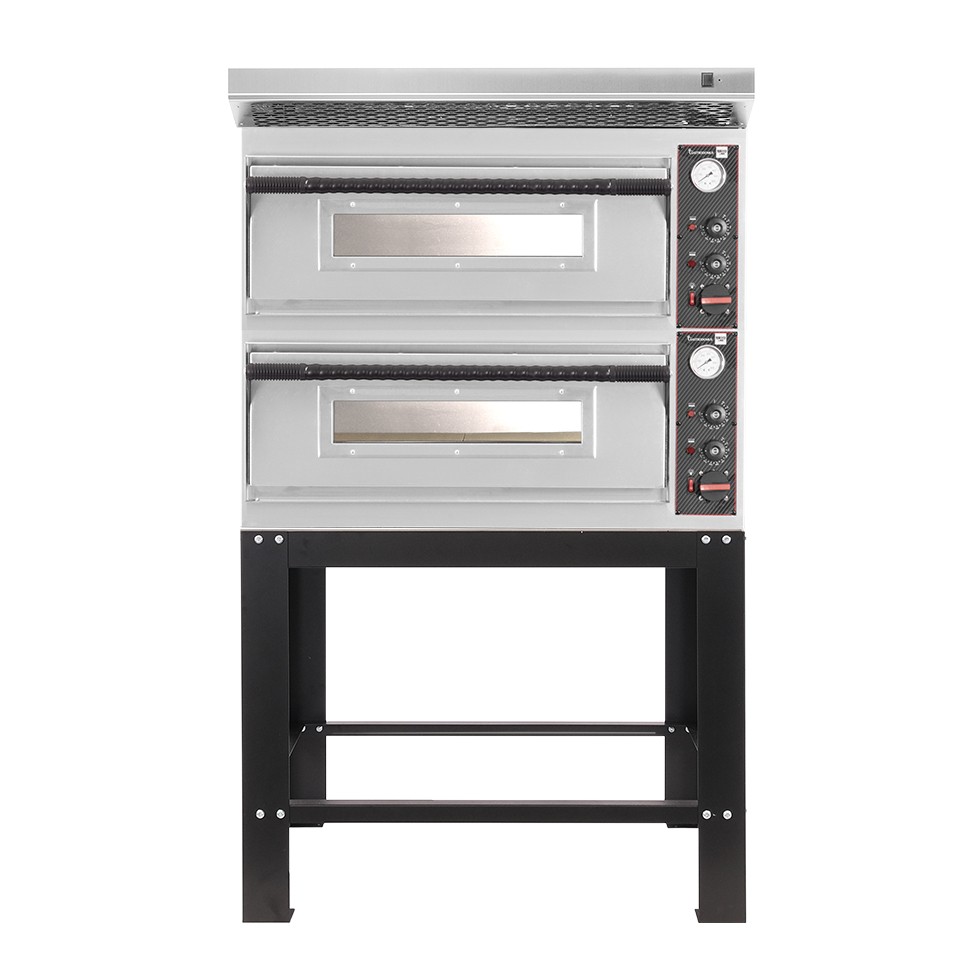 Forno pizza elettrico meccanico 4 + 4 pizze Ø 320 mm - 9,4 KW, cappa inox e supporto