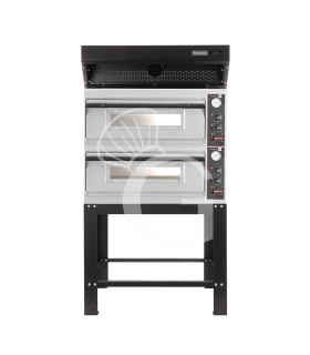 Forno pizza elettrico meccanico 4 + 4 pizze Ø 320 mm - 9,4 KW, cappa a condensazione nera e supporto