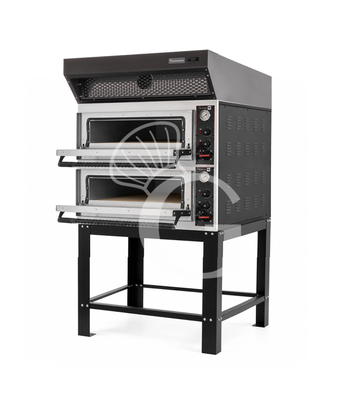 Forno pizza elettrico meccanico 4 + 4 pizze Ø 320 mm - 9,4 KW, cappa a condensazione nera e supporto
