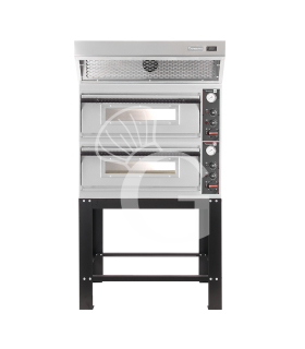 Forno pizza elettrico meccanico 4 + 4 pizze Ø 320 mm - 9,4 KW, cappa a condensazione inox e supporto