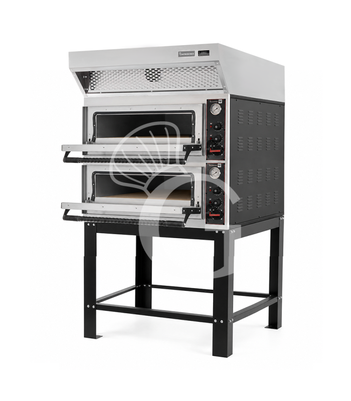 Forno pizza elettrico meccanico 4 + 4 pizze Ø 320 mm - 9,4 KW, cappa a condensazione inox e supporto