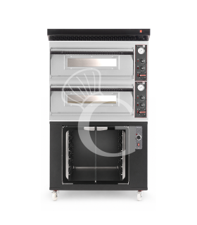 Forno pizza elettrico meccanico 4 + 4 pizze Ø 320 mm - 9,4 KW, cappa nera e cella di lievitazione nera
