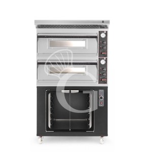 Forno pizza elettrico meccanico 4 + 4 pizze Ø 320 mm - 9,4 KW, cappa inox e cella di lievitazione nera