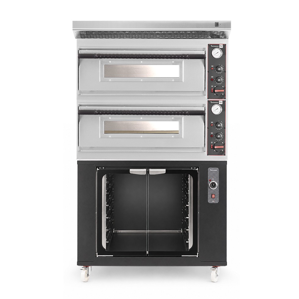 Forno pizza elettrico meccanico 4 + 4 pizze Ø 320 mm - 9,4 KW, cappa inox e cella di lievitazione nera