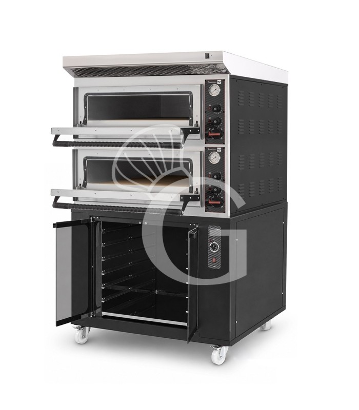 Forno pizza elettrico meccanico 4 + 4 pizze Ø 320 mm - 9,4 KW, cappa inox e cella di lievitazione nera