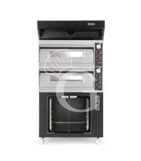 Forno pizza elettrico meccanico 4 + 4 pizze Ø 320 mm - 9,4 KW, cappa a condensazione nera e cella di lievitazione nera