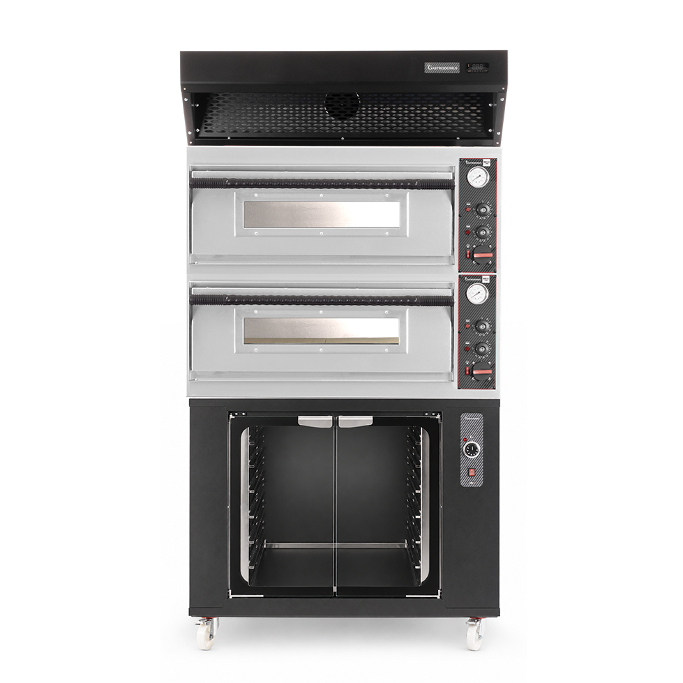 Forno pizza elettrico meccanico 4 + 4 pizze Ø 320 mm - 9,4 KW, cappa a condensazione nera e cella di lievitazione nera