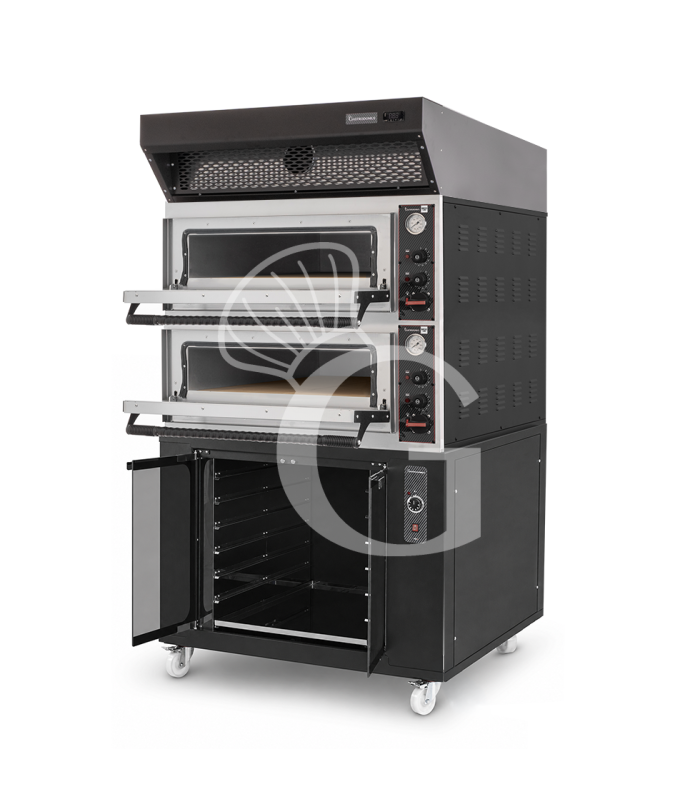 Forno pizza elettrico meccanico 4 + 4 pizze Ø 320 mm - 9,4 KW, cappa a condensazione nera e cella di lievitazione nera