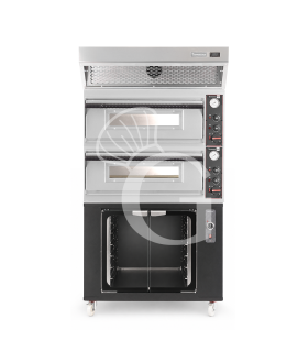 Forno pizza elettrico meccanico 4 + 4 pizze Ø 320 mm - 9,4 KW, cappa a condensazione inox e cella di lievitazione nera