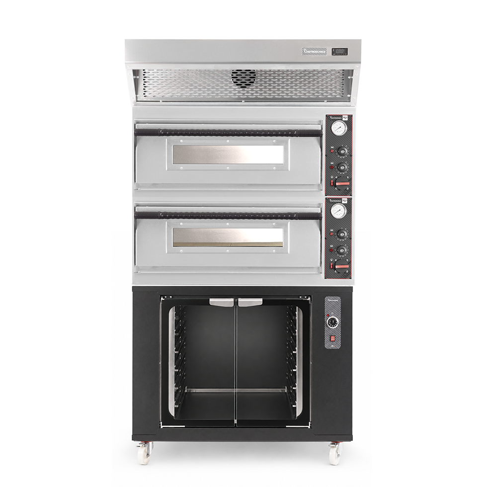 Forno pizza elettrico meccanico 4 + 4 pizze Ø 320 mm - 9,4 KW, cappa a condensazione inox e cella di lievitazione nera